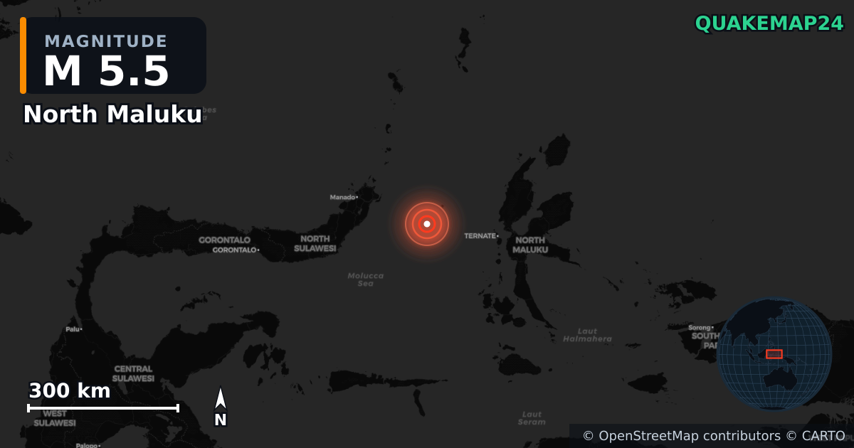 M5.5 earthquake near North Maluku on May 22, 2026 — map of epicenter and shaking intensity | QuakeMap24