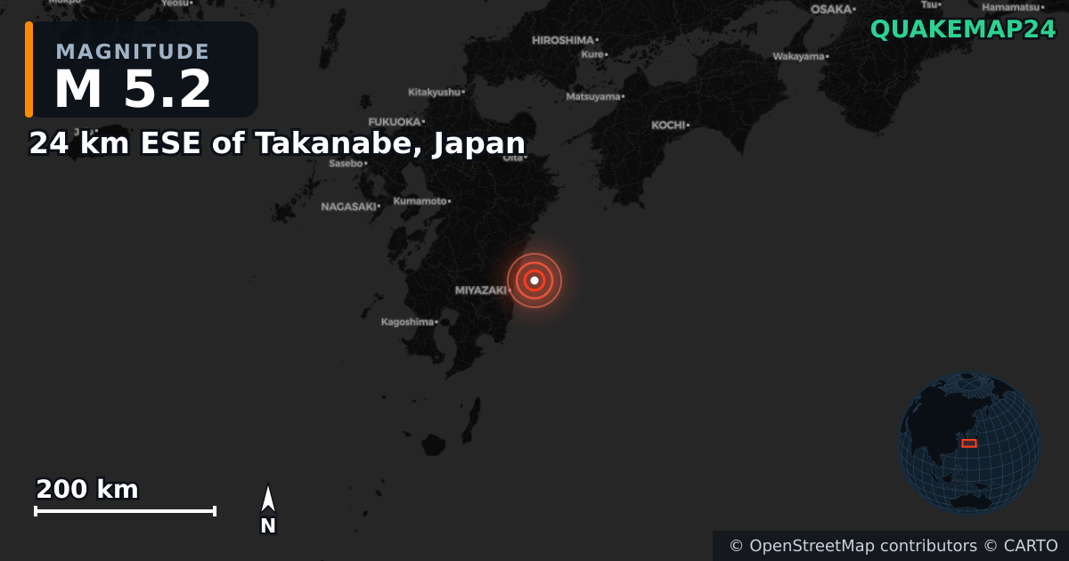 M5.2 earthquake near 24 km ESE of Takanabe, Japan on Jan 13, 2025 — map of epicenter and shaking intensity | QuakeMap24