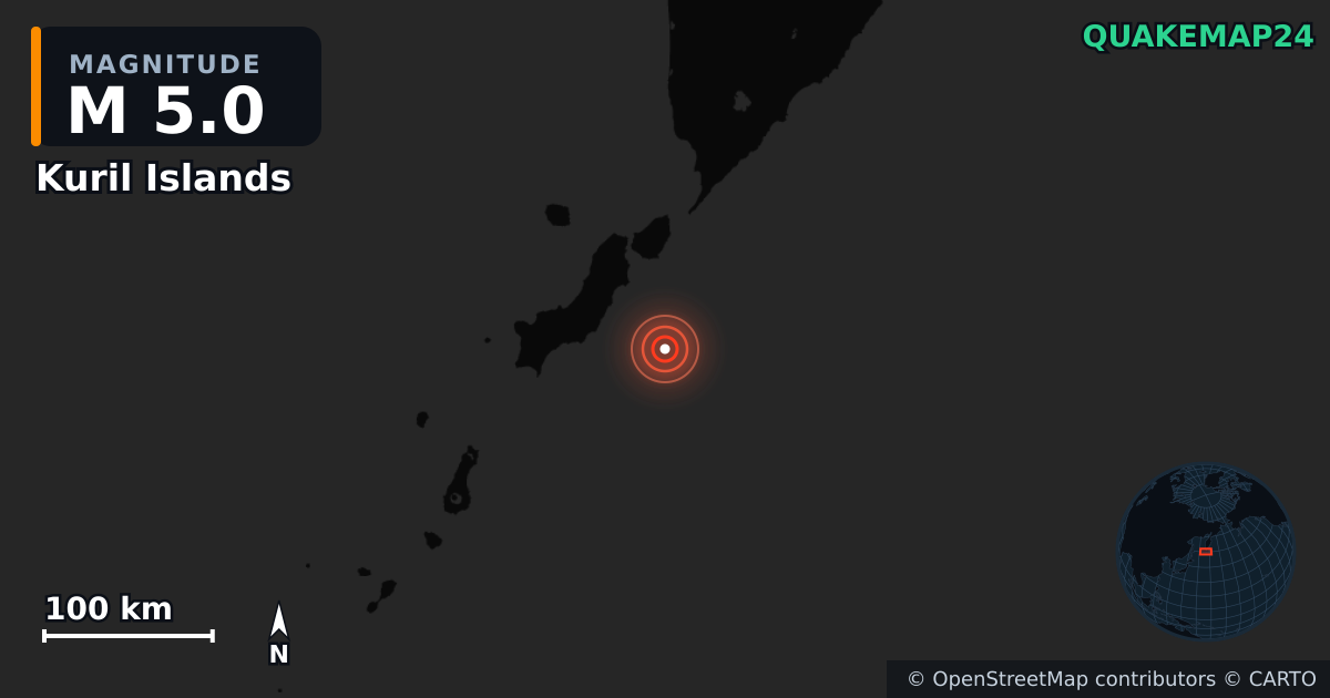 M5.0 earthquake near Kuril Islands on Jul 31, 2025 — map of epicenter and shaking intensity | QuakeMap24