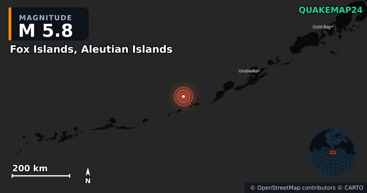M5.8 earthquake near Fox Islands, Aleutian Islands on Sep 3, 2025 — map of epicenter and shaking intensity | QuakeMap24