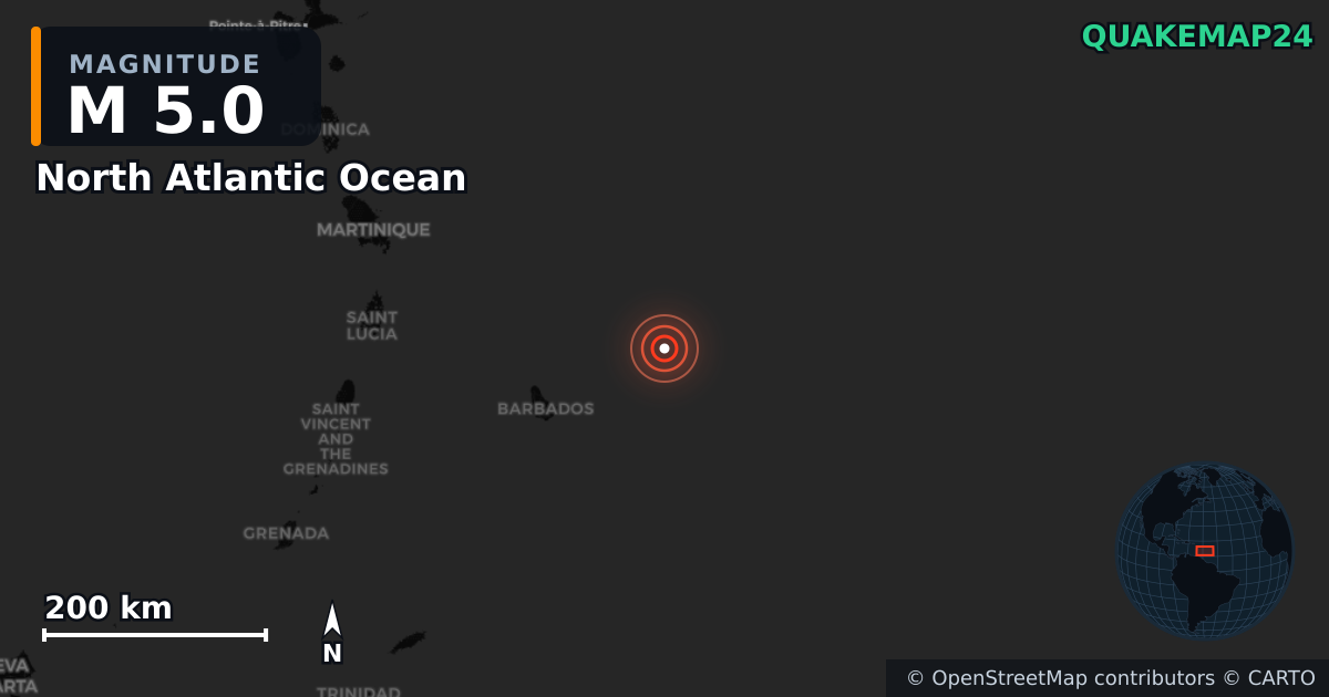 North Atlantic Ocean yakınında M5,0 deprem · 2025-11-11 — Deprem merkez üssünün konumunu gösteren harita