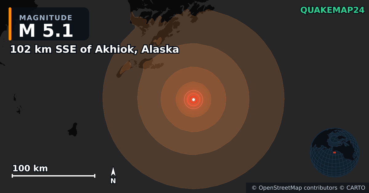 M5.1 earthquake near 102 km SSE of Akhiok, Alaska on Jul 22, 2026 — map of epicenter and shaking intensity | QuakeMap24