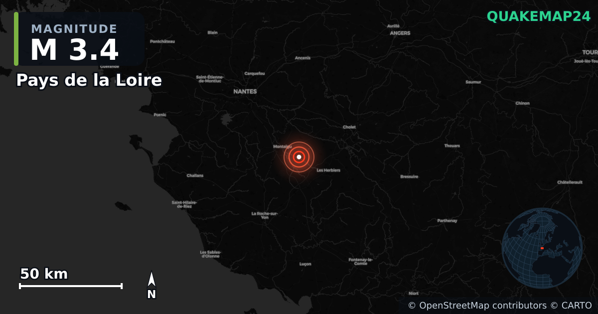 M3.4 earthquake near Pays de la Loire on Jul 13, 2025 — map of epicenter and shaking intensity | QuakeMap24