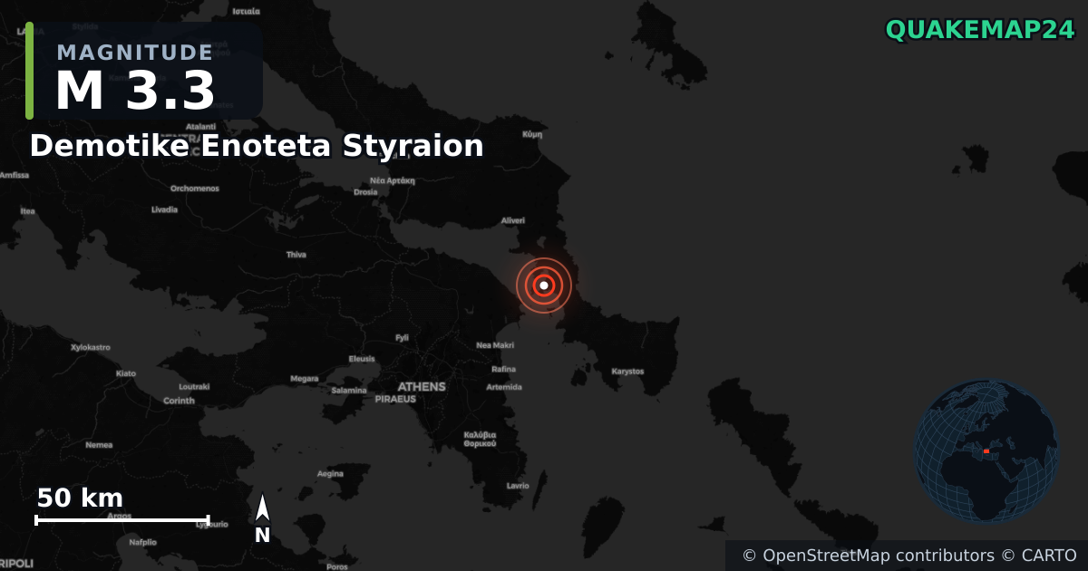 M3.3 earthquake near Demotike Enoteta Styraion on Jan 10, 2026 — map of epicenter and shaking intensity | QuakeMap24