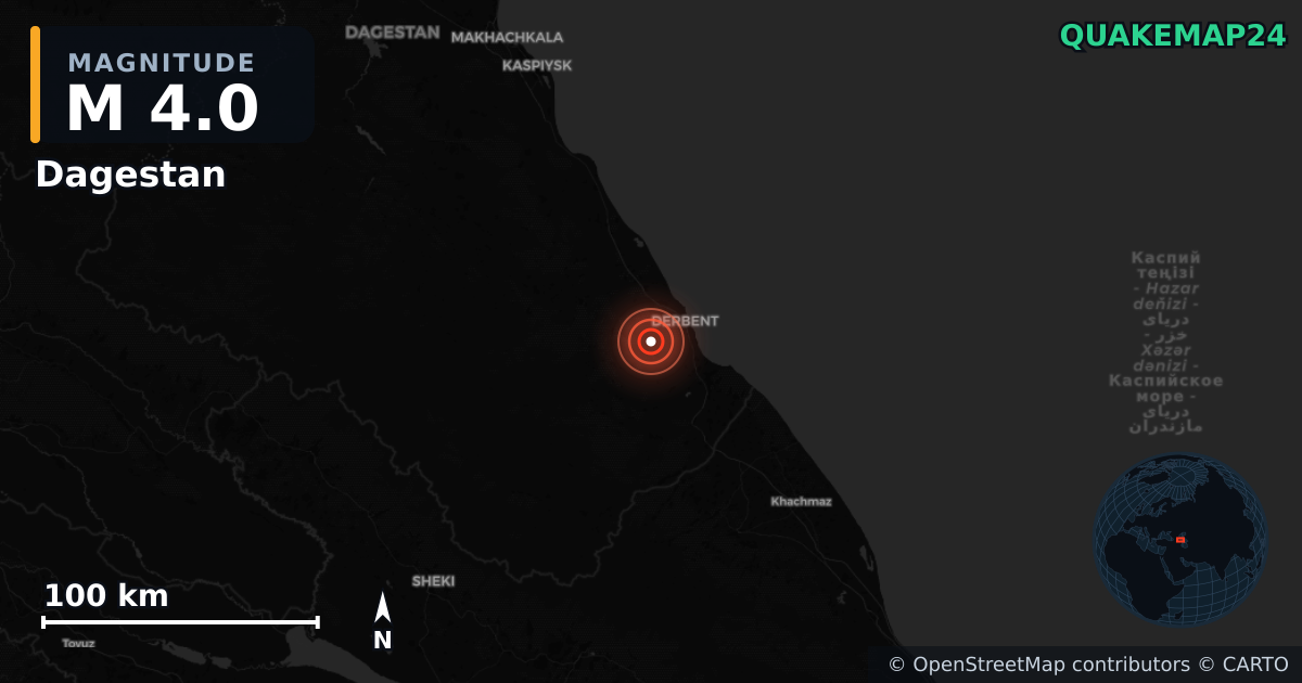 M4.0 earthquake near Dagestan on May 19, 2025 — map of epicenter and shaking intensity | QuakeMap24