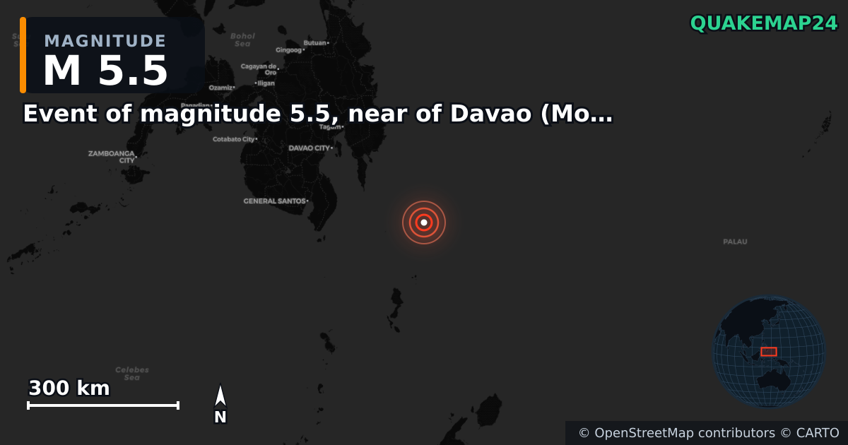 Erdbeben M5,5 bei Event of magnitude 5.5, near of Davao (Monde) — Karte der Lage des Epizentrums
