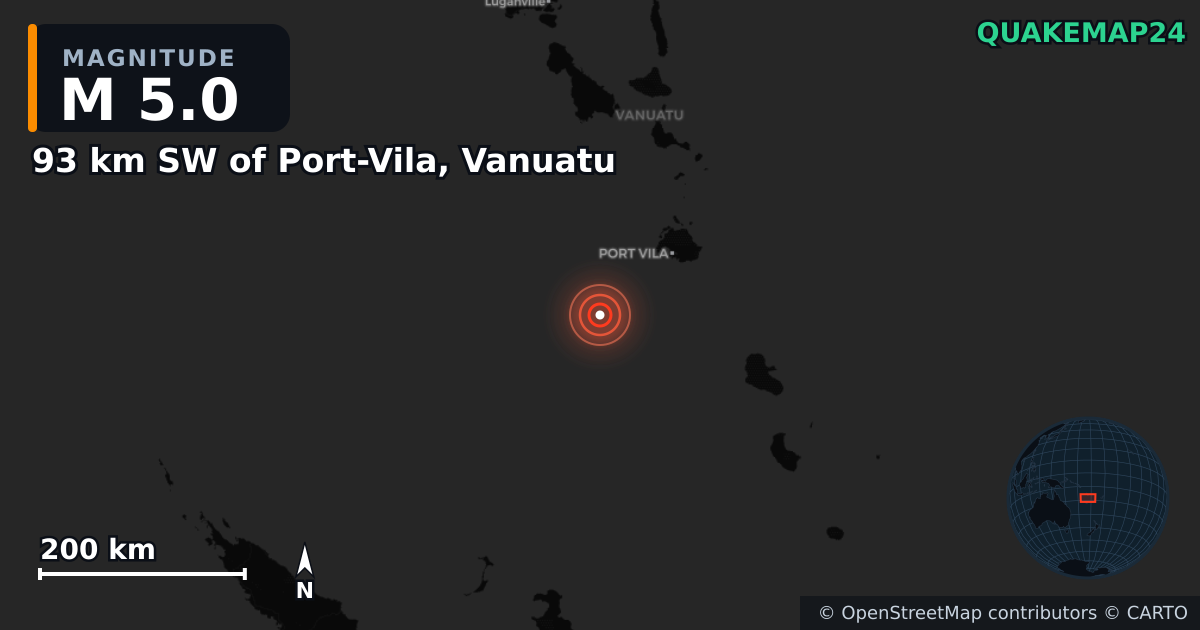 M5.0 earthquake near 93 km SW of Port-Vila, Vanuatu on Jan 9, 2025 — map of epicenter and shaking intensity | QuakeMap24
