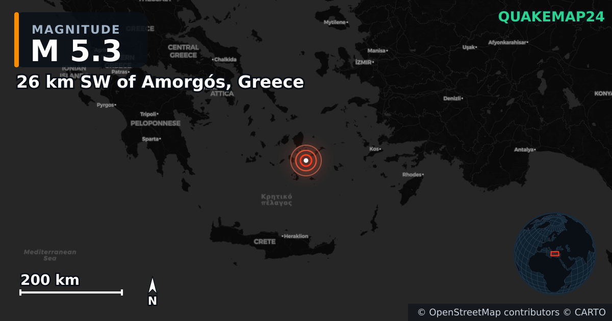 M5.3 earthquake near 26 km SW of Amorgós, Greece on Feb 10, 2025 — map of epicenter and shaking intensity | QuakeMap24