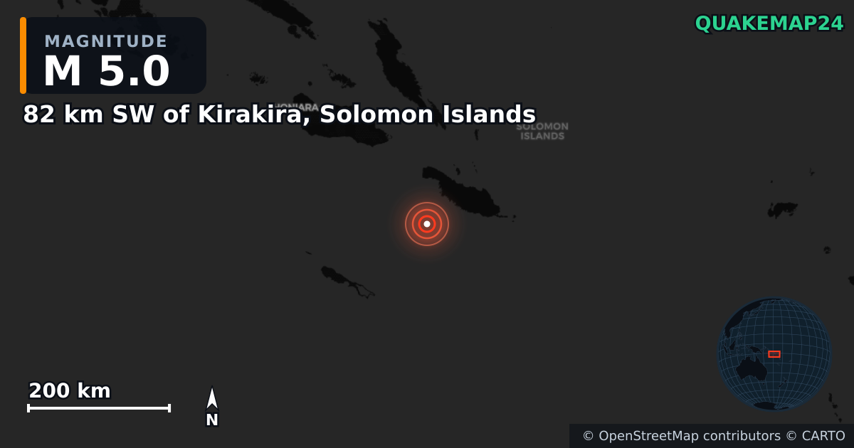 M5.0 earthquake near 82 km SW of Kirakira, Solomon Islands on Jul 28, 2026 — map of epicenter and shaking intensity | QuakeMap24