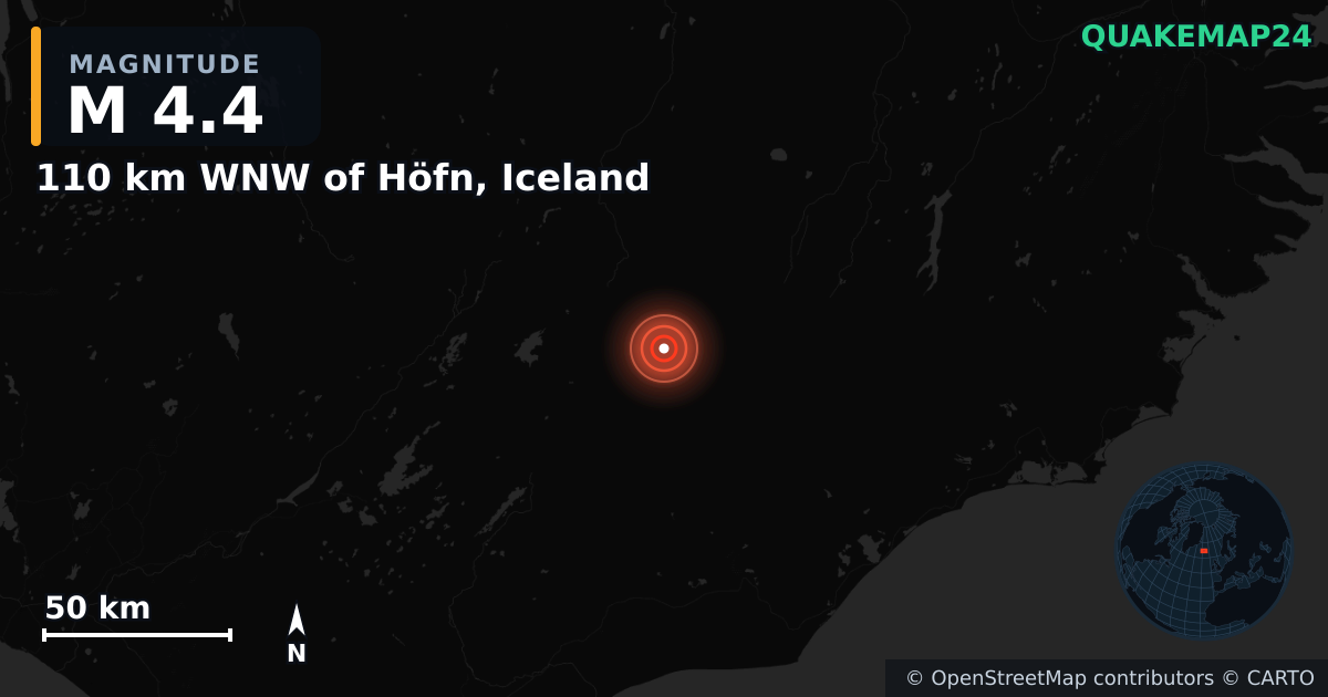 M4.4 earthquake near 110 km WNW of Höfn, Iceland on Jan 8, 2025 — map of epicenter and shaking intensity | QuakeMap24
