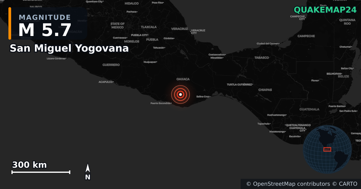 M5.7 earthquake near San Miguel Yogovana on Feb 8, 2026 — map of epicenter and shaking intensity | QuakeMap24