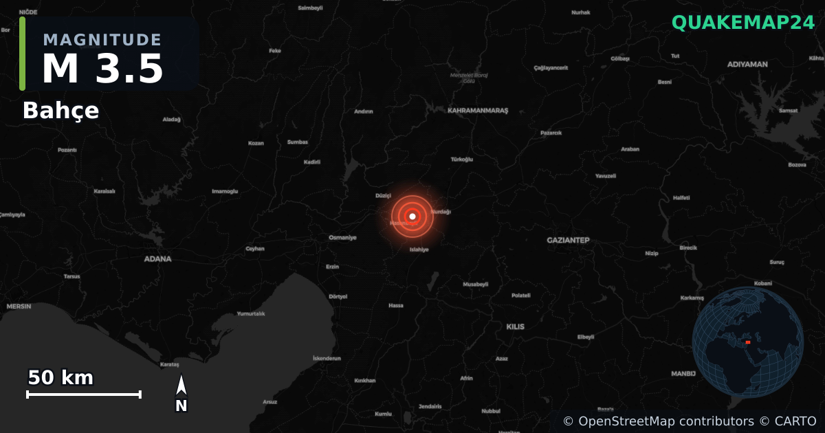 M3.5 earthquake near Bahçe on Feb 28, 2026 — map of epicenter and shaking intensity | QuakeMap24