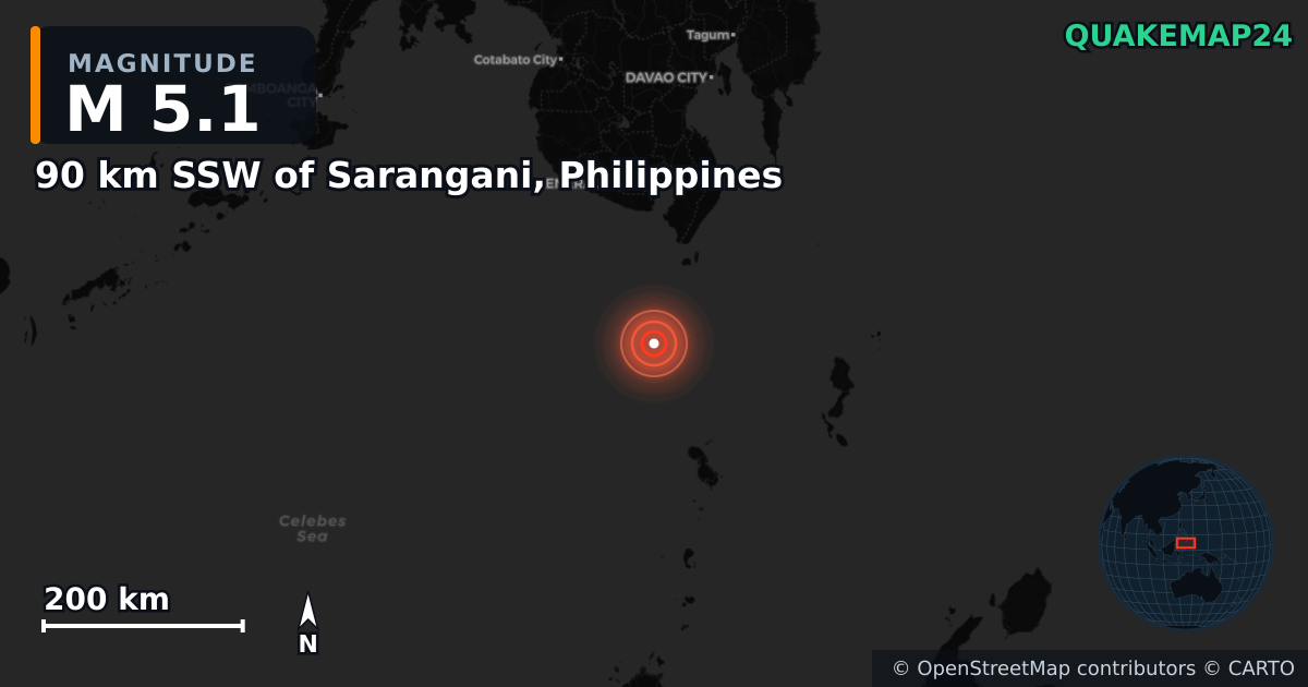 M5.1 earthquake near 90 km SSW of Sarangani, Philippines on Apr 8, 2025 — map of epicenter and shaking intensity | QuakeMap24