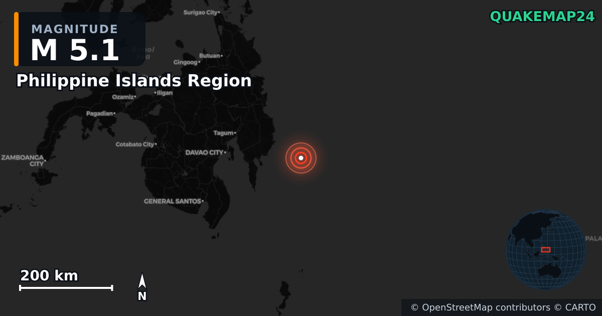Sismo de M5,1 perto de Philippine Islands Region — Mapa da localização do epicentro