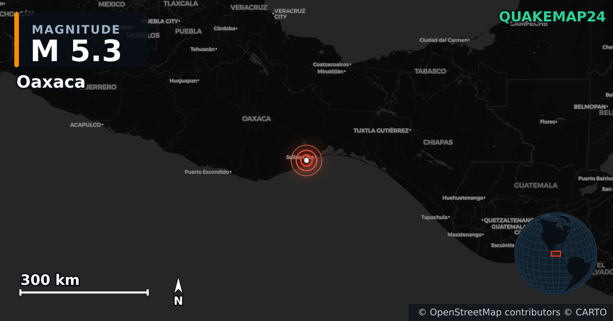 M5.3 earthquake near Oaxaca on Dec 4, 2025 — map of epicenter and shaking intensity | QuakeMap24