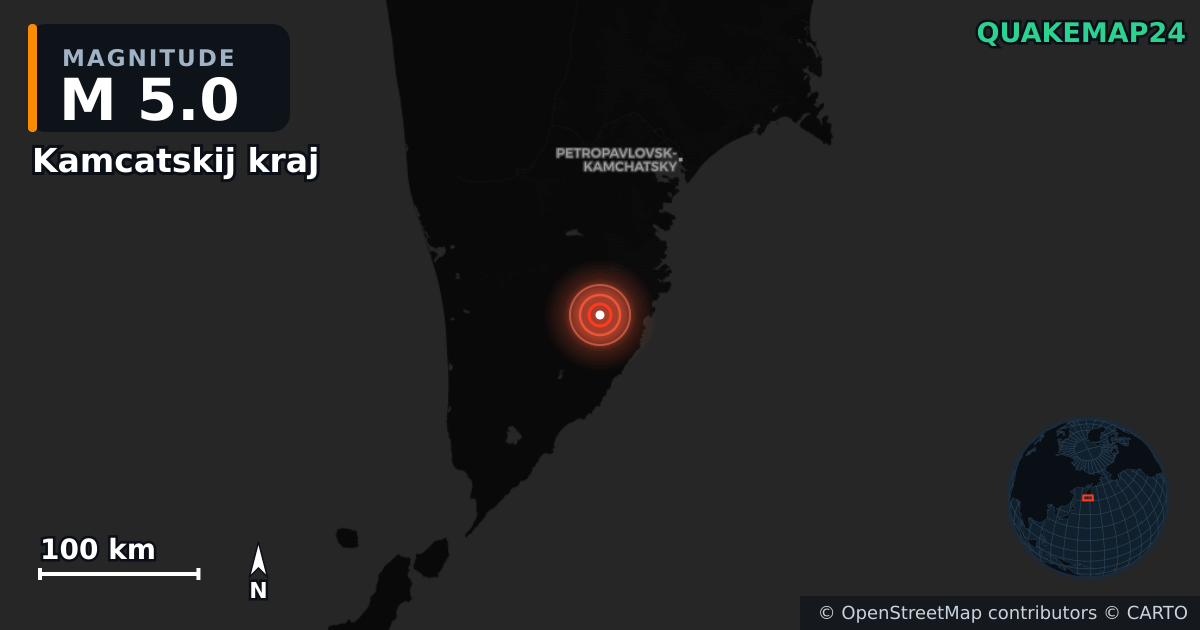 M5.0 earthquake near Kamcatskij kraj on Jul 30, 2025 — map of epicenter and shaking intensity | QuakeMap24