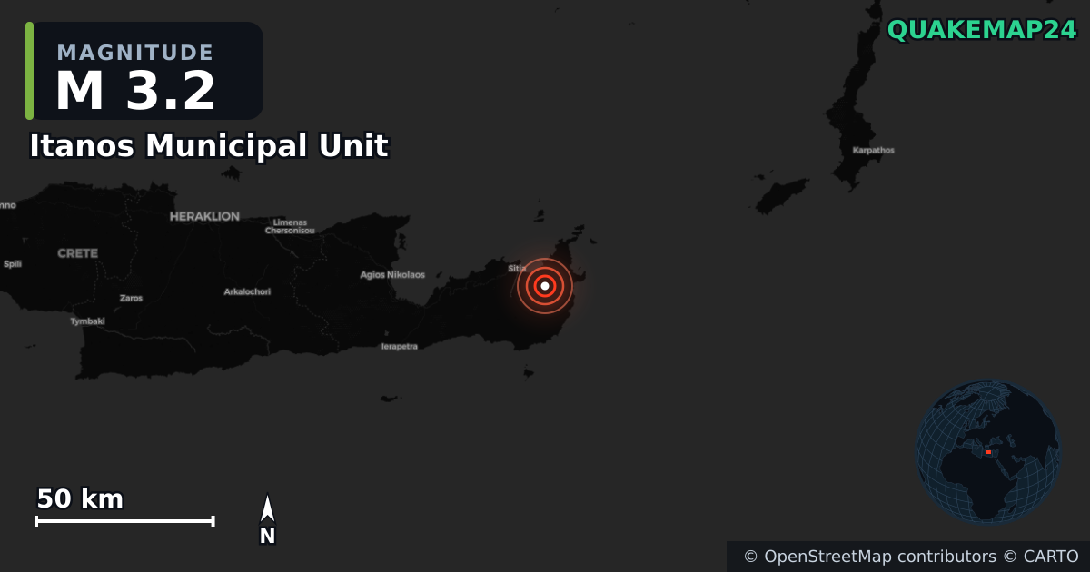 M3.2 earthquake near Itanos Municipal Unit on Jul 18, 2026 — map of epicenter and shaking intensity | QuakeMap24