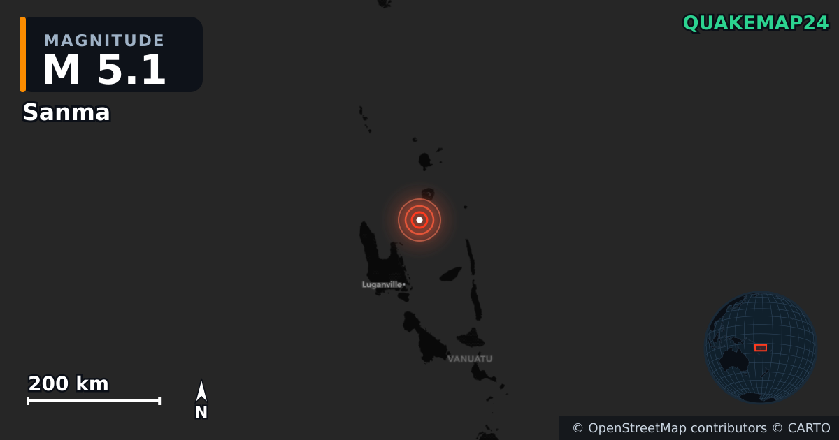 M5.1 earthquake near Sanma on Oct 25, 2025 — map of epicenter and shaking intensity | QuakeMap24