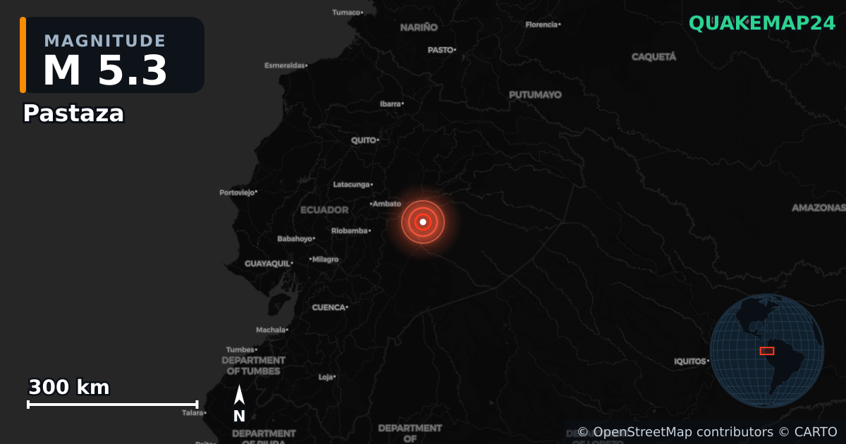 M5.3 earthquake near Pastaza on Sep 3, 2025 — map of epicenter and shaking intensity | QuakeMap24