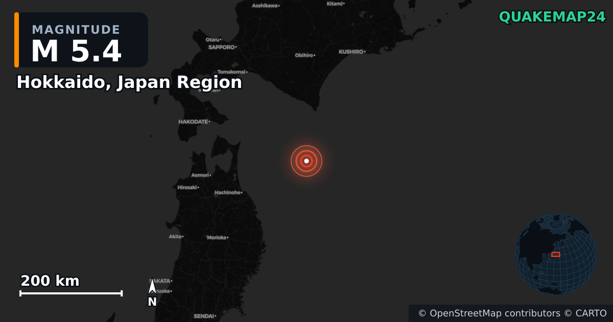 M5.4 earthquake near Hokkaido, Japan Region on Dec 11, 2025 — map of epicenter and shaking intensity | QuakeMap24
