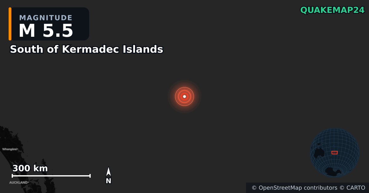 M5.5 earthquake near South of Kermadec Islands on Oct 15, 2025 — map of epicenter and shaking intensity | QuakeMap24
