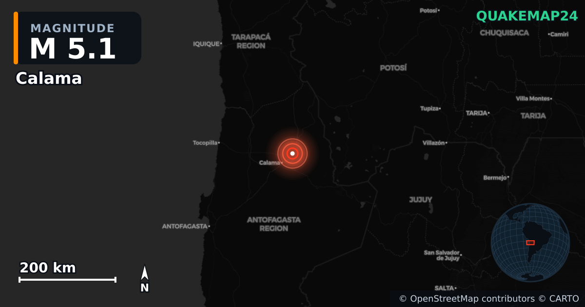 M5.1 earthquake near Calama on May 27, 2026 — map of epicenter and shaking intensity | QuakeMap24