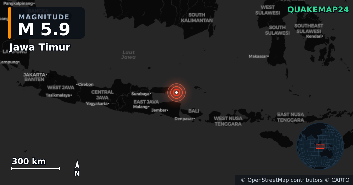 M5.9 earthquake near Jawa Timur on Sep 30, 2025 — map of epicenter and shaking intensity | QuakeMap24