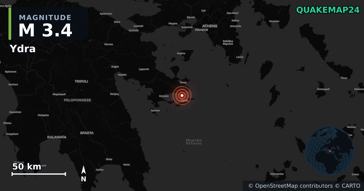 M3.4 earthquake near Ydra on May 20, 2026 — map of epicenter and shaking intensity | QuakeMap24