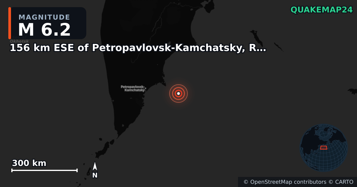 M6.2 earthquake near 156 km ESE of Petropavlovsk-Kamchatsky, Russia on Jul 20, 2025 — map of epicenter and shaking intensity | QuakeMap24
