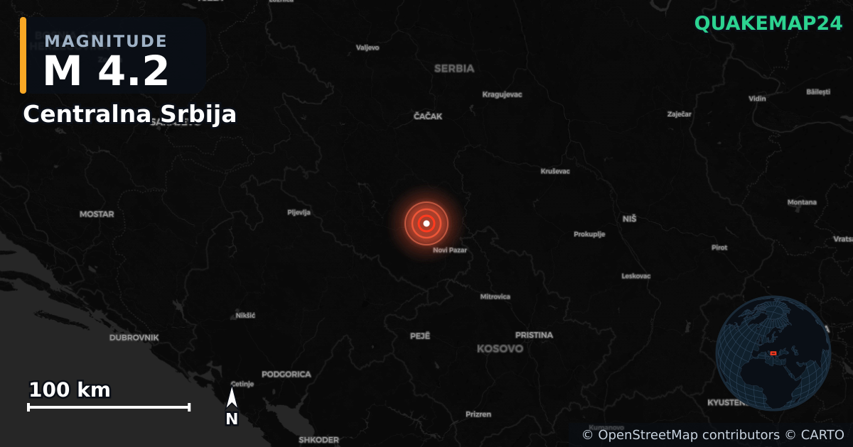M4.2 earthquake near Centralna Srbija on Sep 5, 2025 — map of epicenter and shaking intensity | QuakeMap24