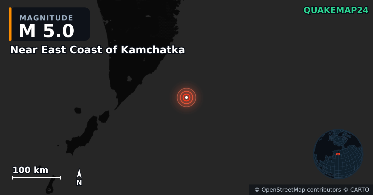 M5.0 earthquake near Near East Coast of Kamchatka on Jul 30, 2025 — map of epicenter and shaking intensity | QuakeMap24