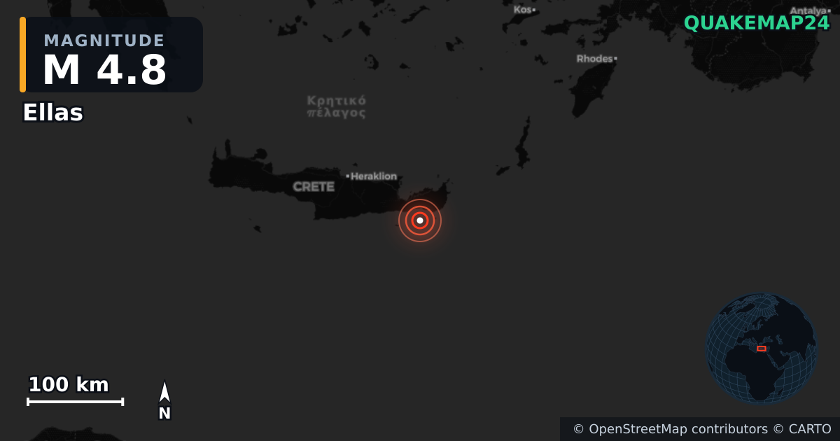 M4.8 earthquake near Ellas on Apr 25, 2026 — map of epicenter and shaking intensity | QuakeMap24