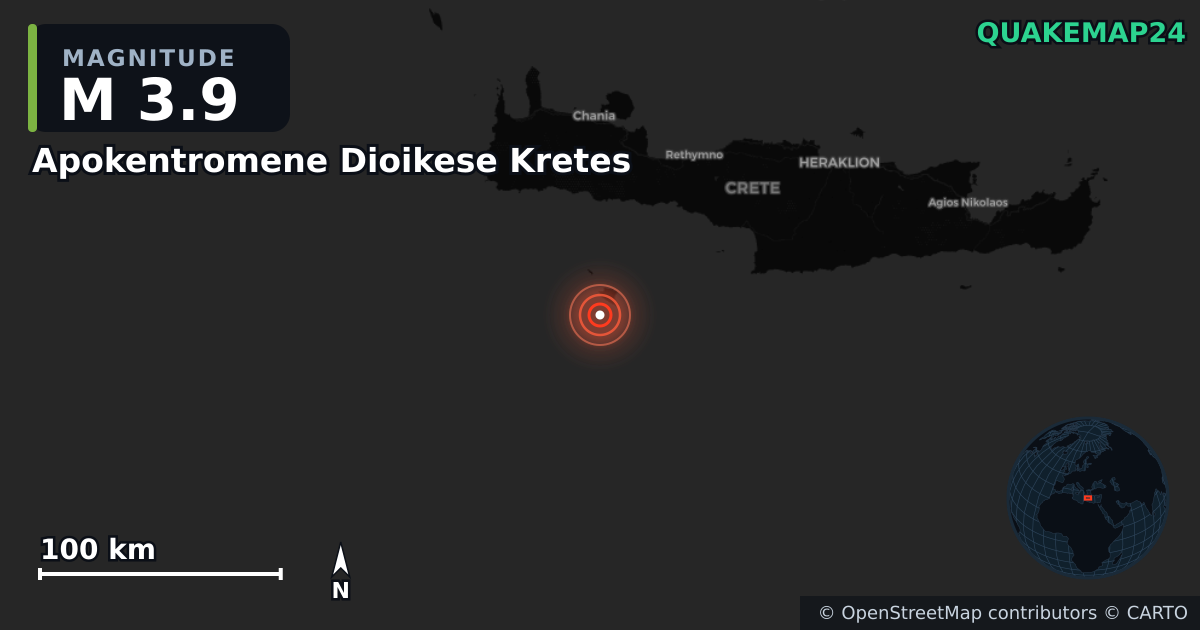 M3.9 earthquake near Apokentromene Dioikese Kretes on Nov 6, 2025 — map of epicenter and shaking intensity | QuakeMap24