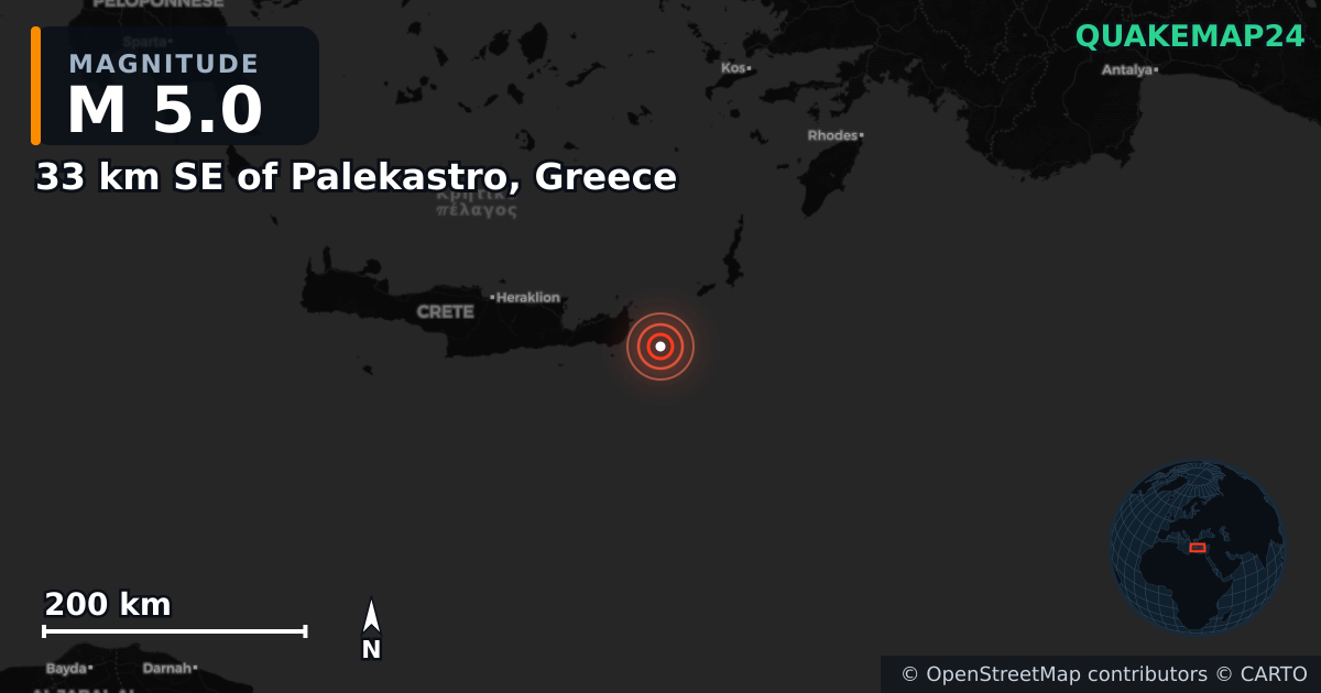 33 km SE of Palekastro, Greece yakınında M5,0 deprem — Deprem merkez üssünün konumunu gösteren harita