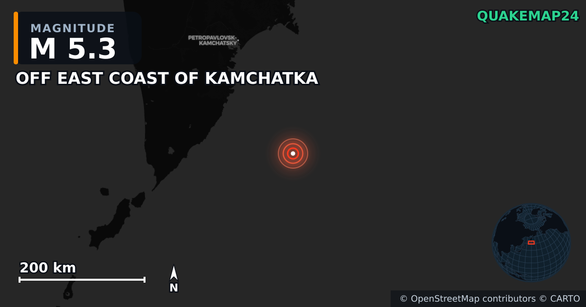 M5.3 earthquake near OFF EAST COAST OF KAMCHATKA on Jul 30, 2025 — map of epicenter and shaking intensity | QuakeMap24