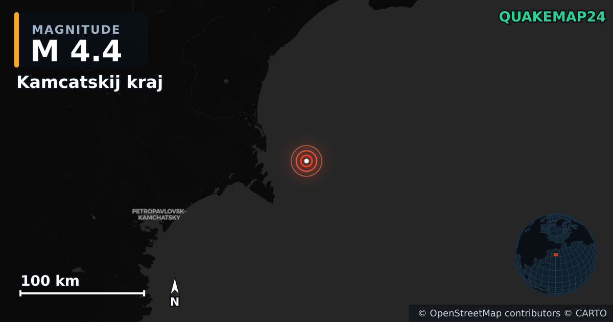 M4.4 earthquake near Kamcatskij kraj on Sep 15, 2025 — map of epicenter and shaking intensity | QuakeMap24