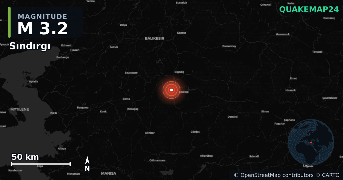 M3.2 earthquake near Sındırgı on Aug 19, 2025 — map of epicenter and shaking intensity | QuakeMap24