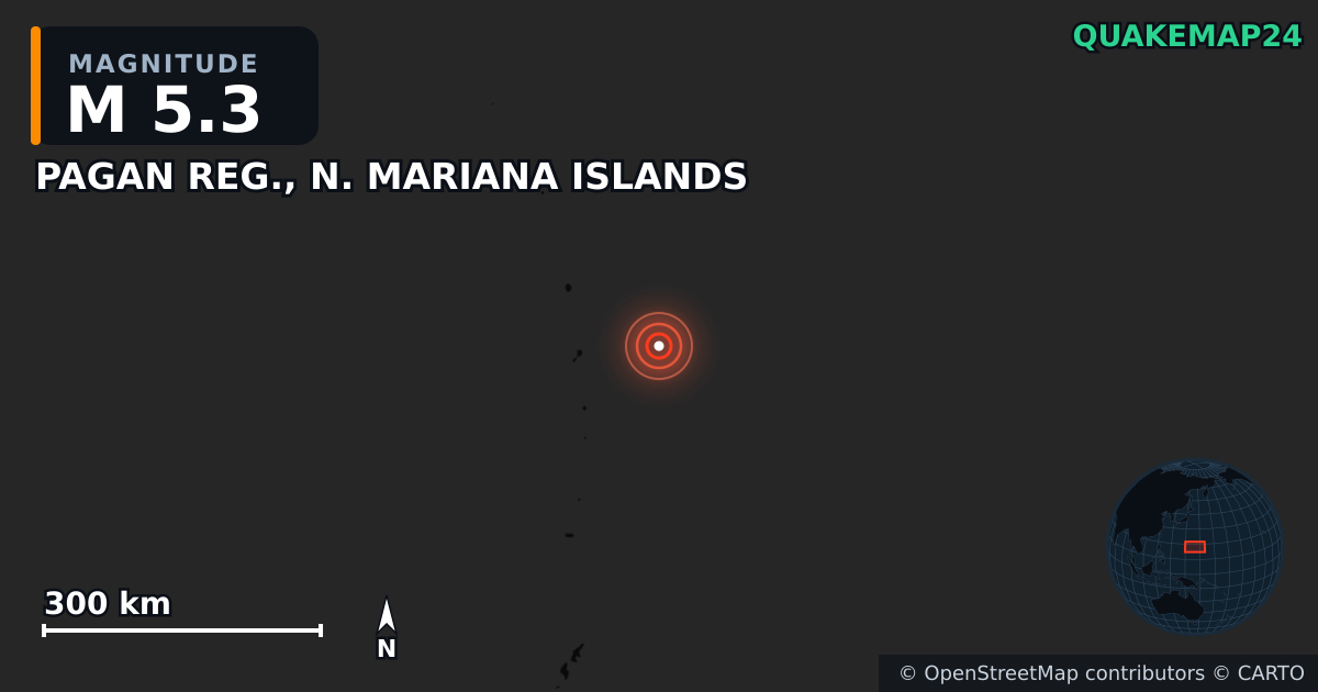 M5.3 earthquake near PAGAN REG., N. MARIANA ISLANDS on Apr 2, 2026 — map of epicenter and shaking intensity | QuakeMap24
