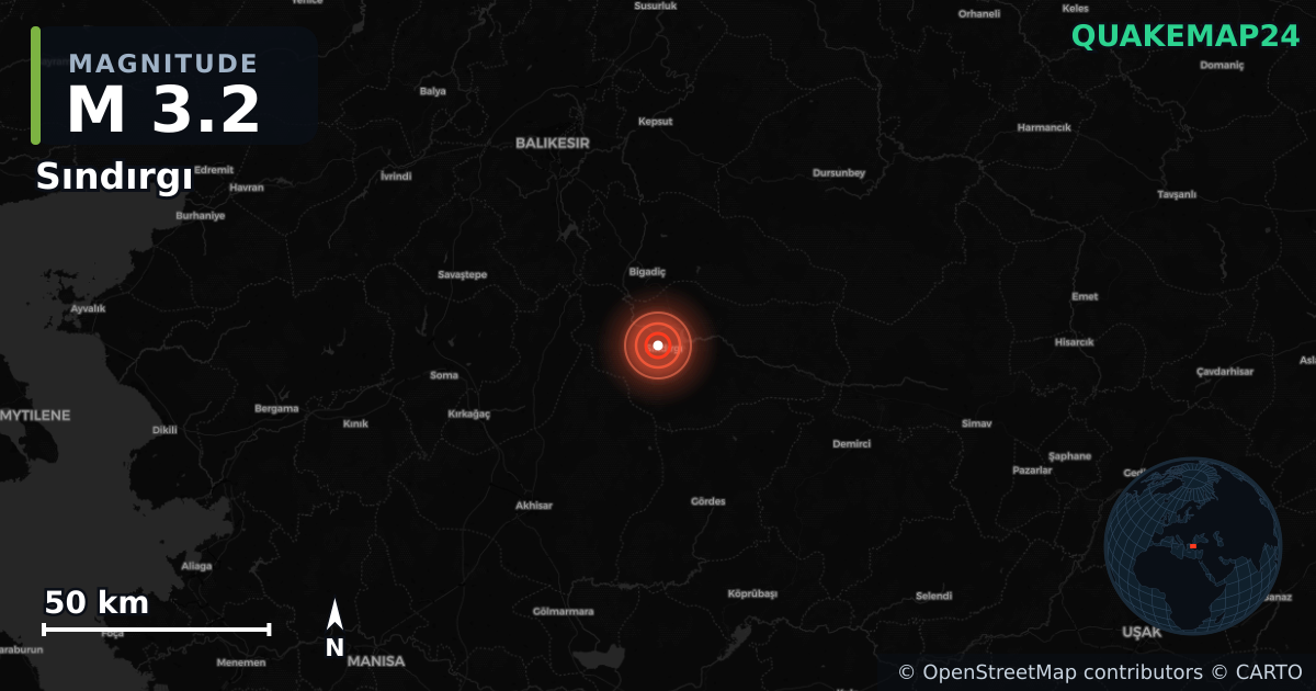 M3.2 earthquake near Sındırgı on Aug 17, 2025 — map of epicenter and shaking intensity | QuakeMap24