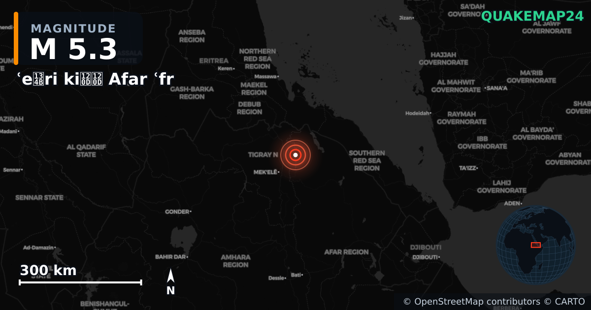 M5.3 earthquake near ʿeፋri kiልል Afar ʿfr on Oct 11, 2025 — map of epicenter and shaking intensity | QuakeMap24