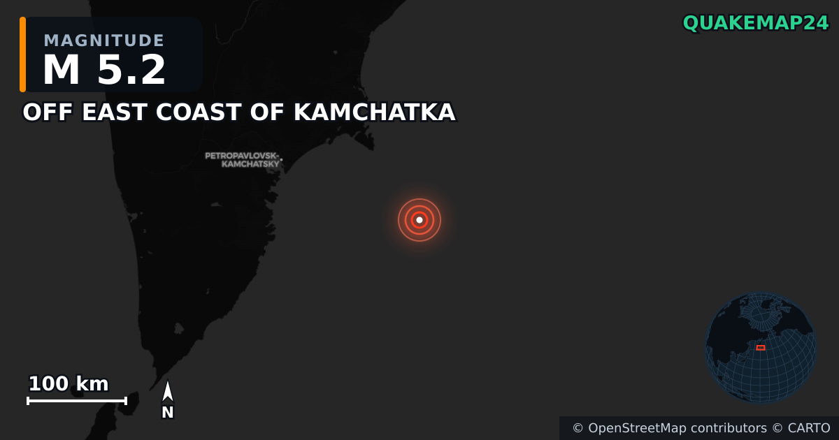 M5.2 earthquake near OFF EAST COAST OF KAMCHATKA on Sep 8, 2025 — map of epicenter and shaking intensity | QuakeMap24