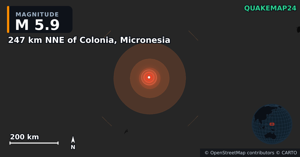 Erdbeben M5,9 bei 247 km NNE of Colonia, Micronesia — Karte der Lage des Epizentrums