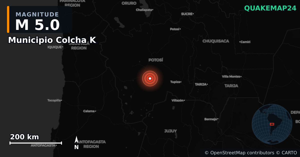 M5.0 earthquake near Municipio Colcha K on May 29, 2025 — map of epicenter and shaking intensity | QuakeMap24