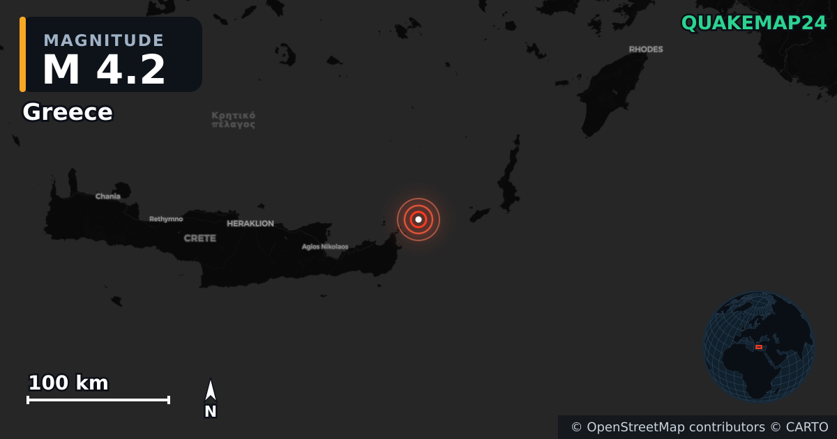M4.2 earthquake near Greece on May 20, 2026 — map of epicenter and shaking intensity | QuakeMap24