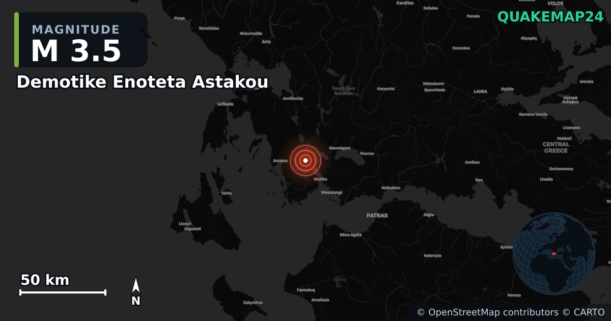 M3.5 earthquake near Demotike Enoteta Astakou on Jun 8, 2026 — map of epicenter and shaking intensity | QuakeMap24