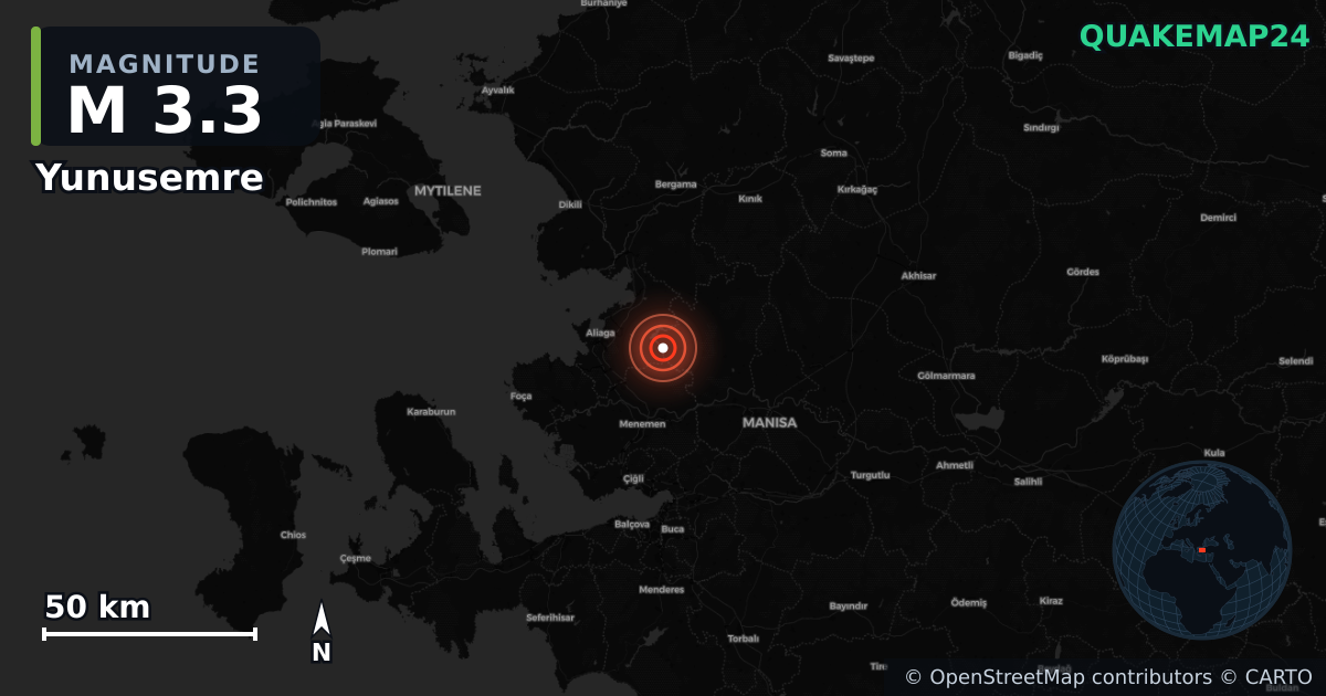 M3.3 earthquake near Yunusemre on Jan 11, 2026 — map of epicenter and shaking intensity | QuakeMap24
