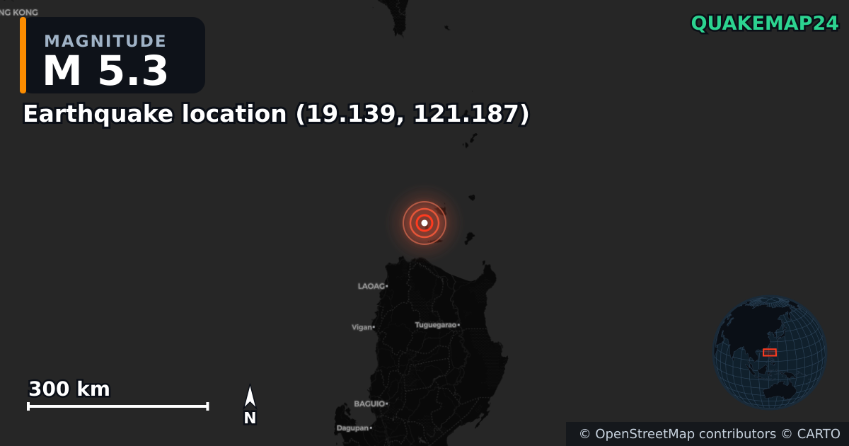 M5.3 earthquake near Deprem konumu (19.139, 121.187) on Apr 27, 2025 — map of epicenter and shaking intensity | QuakeMap24