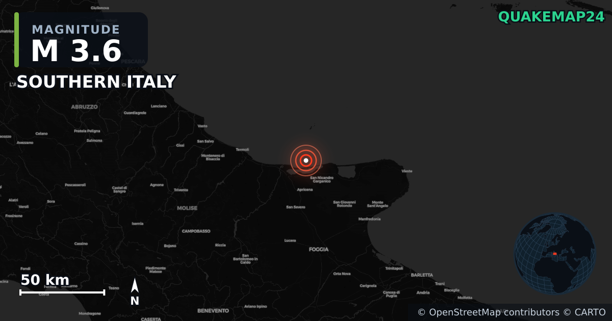 M3.6 earthquake near SOUTHERN ITALY on Oct 7, 2025 — map of epicenter and shaking intensity | QuakeMap24