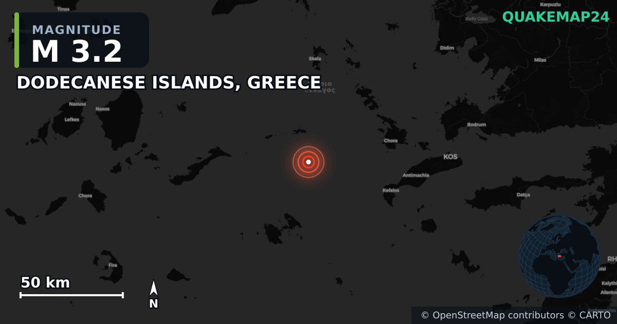 M3.2 earthquake near DODECANESE ISLANDS, GREECE on May 19, 2025 — map of epicenter and shaking intensity | QuakeMap24