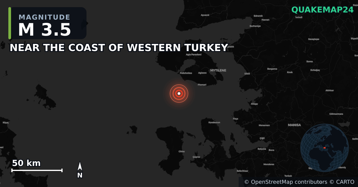 M3.5 earthquake near NEAR THE COAST OF WESTERN TURKEY on Dec 1, 2025 — map of epicenter and shaking intensity | QuakeMap24